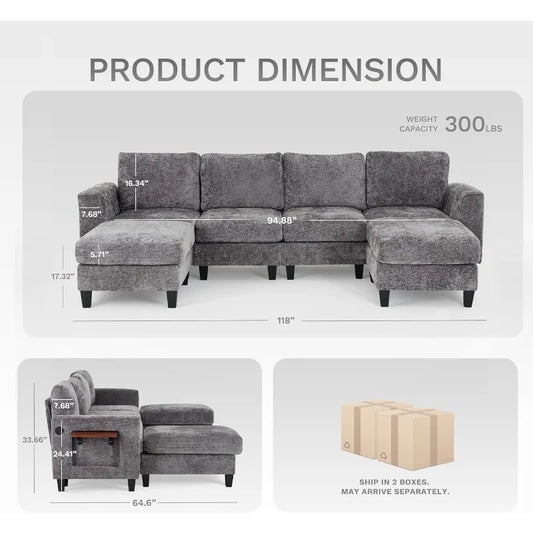 118" U-Shaped Sectional Couch For Living Room