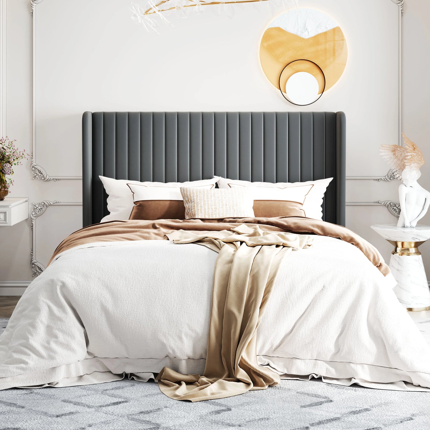 HOOMIC Velvet Upholstered Bed Frame, Vertical Channel