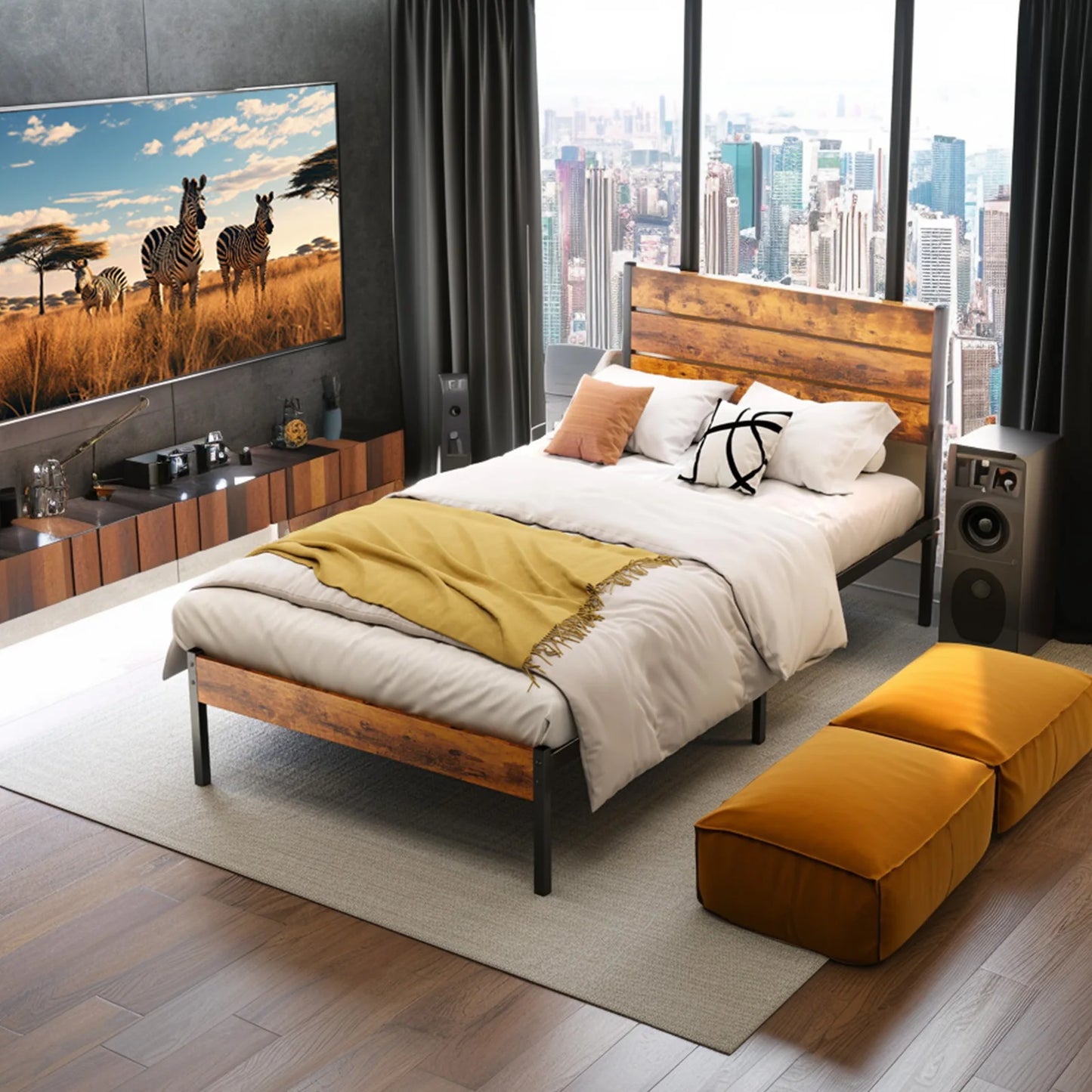 JHK Queen Size Metal Platform Bed Frame/ Headboard and Footboard