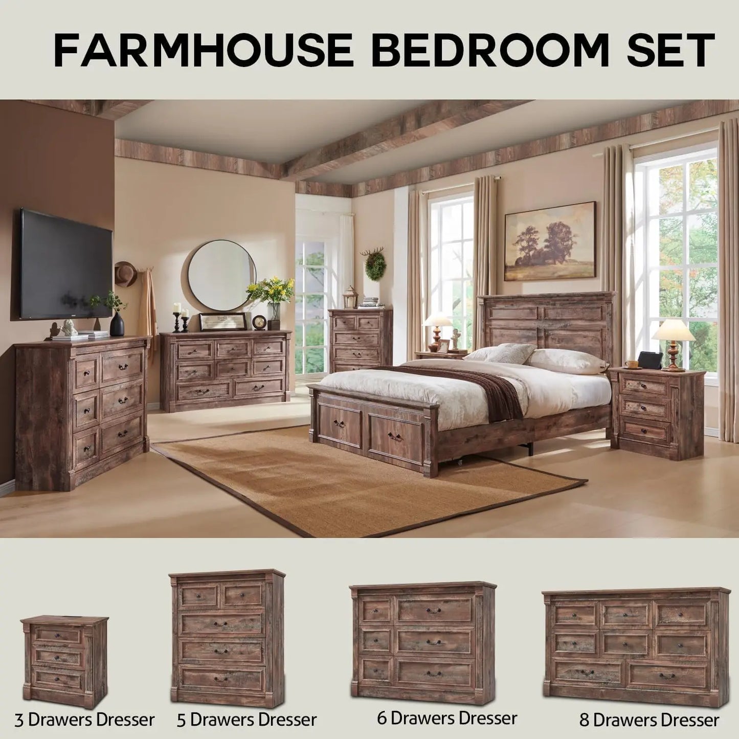 Farmhouse Queen Size Bed Frame, with 51" Tall Headboard