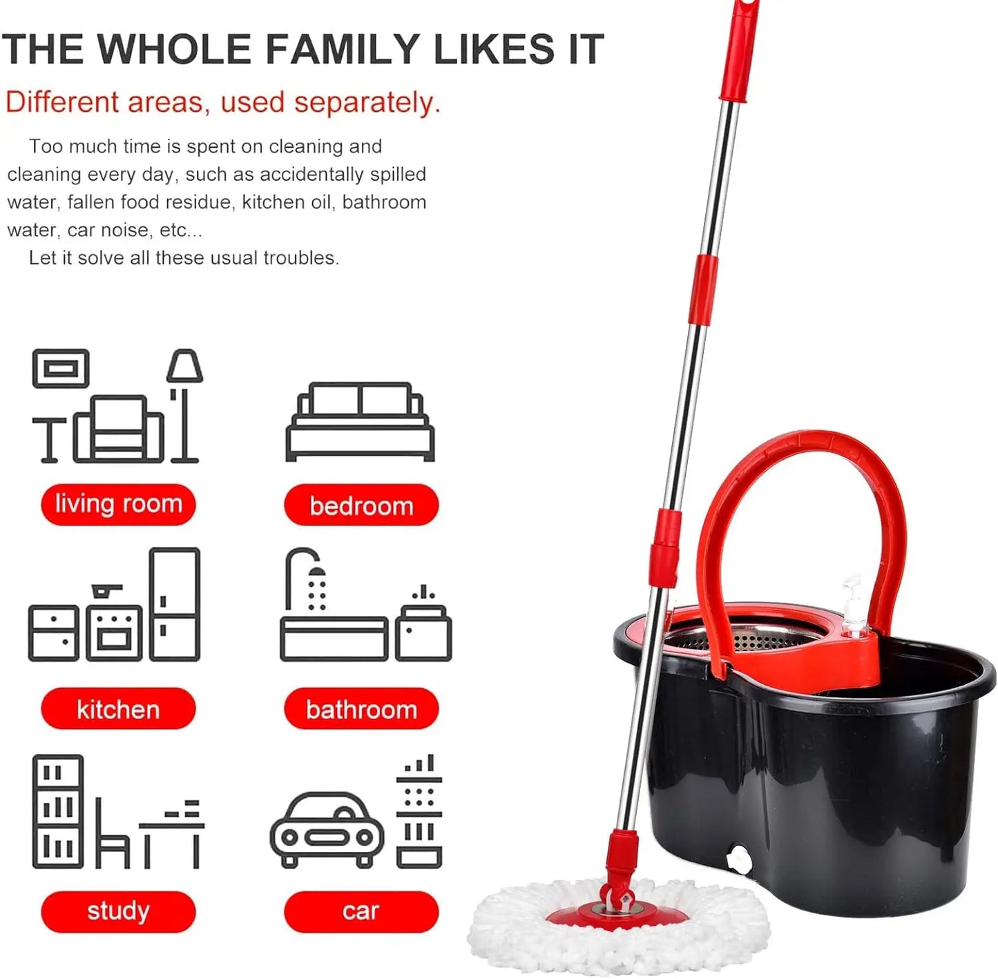 360° Spin Mop Bucket Sets with Wring System in 3 Microfiber Heads,