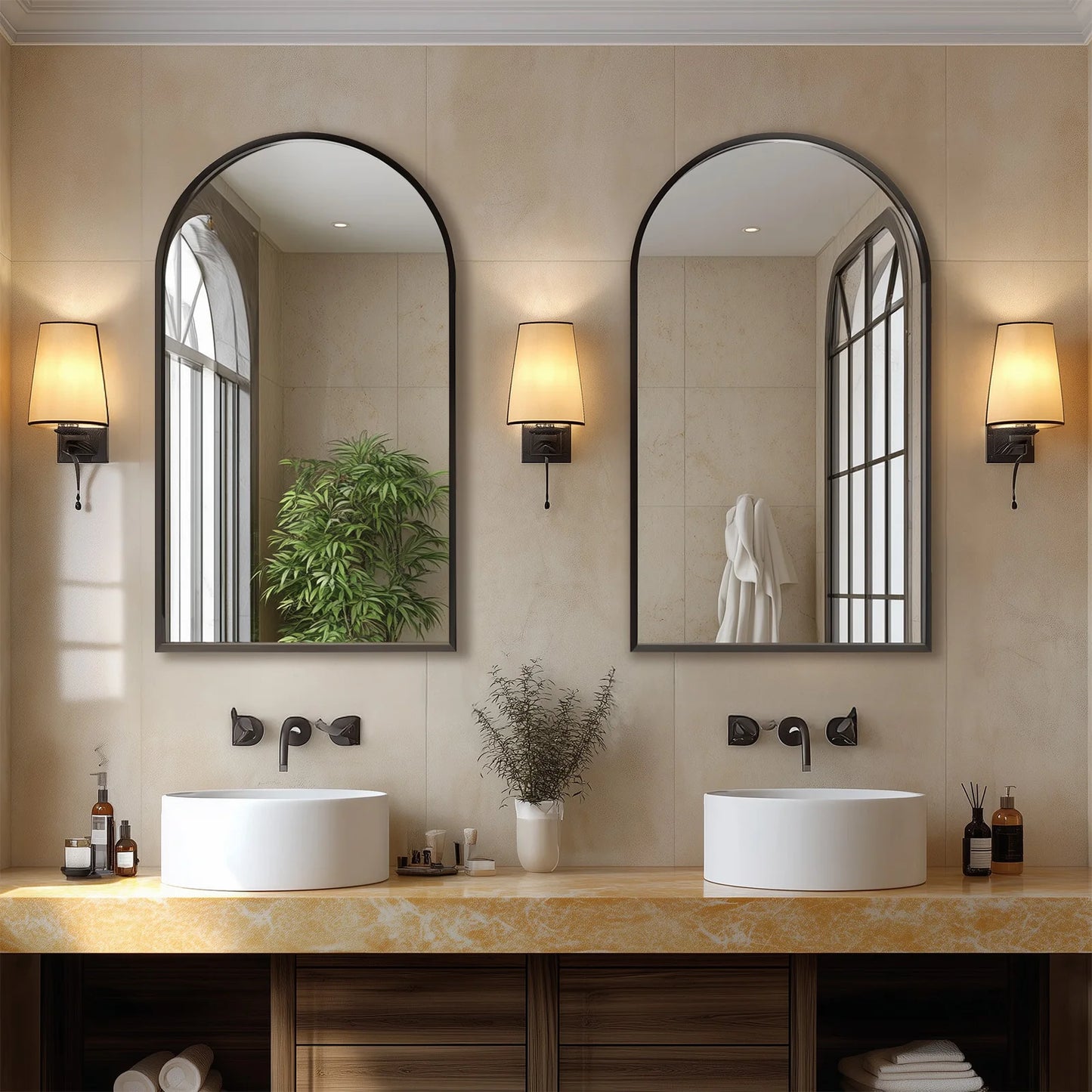 JHK 26"x38" Arched Metal Framed Bathroom Wall Mirror