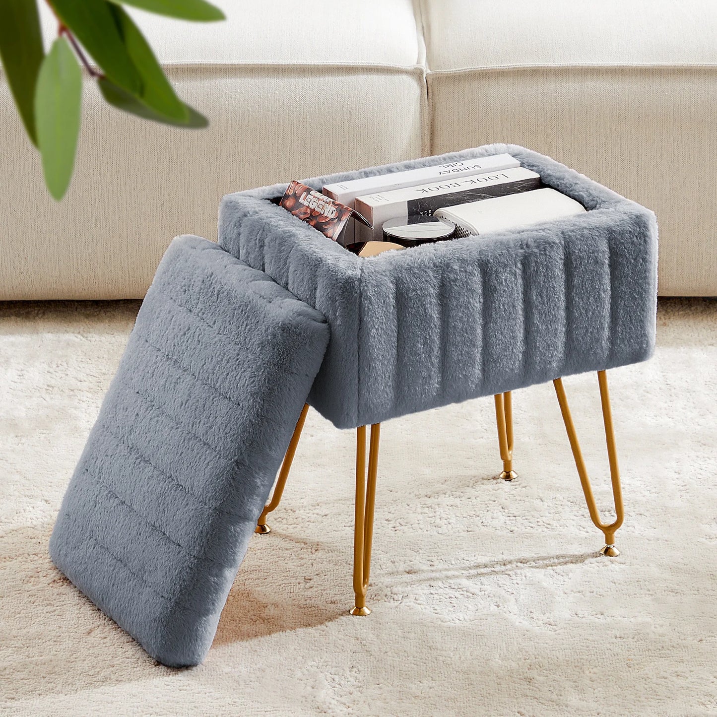 JHK Faux Fur Living Room Hidden Storage Stools & Ottomans