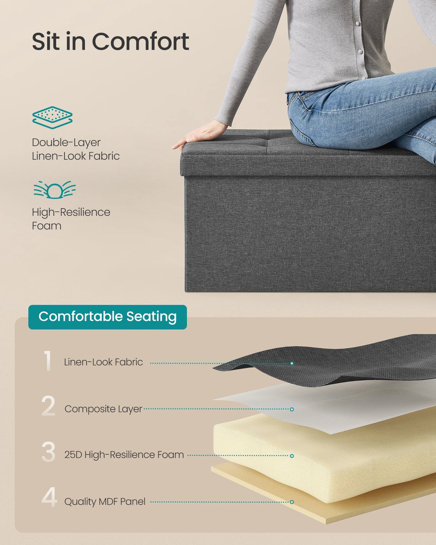 SONGMICS MAZIE Collection - 43 Inches Folding Storage          Ottoman Bench, Ottoman Foot Rest, End of Bed Bench, Storage Chest