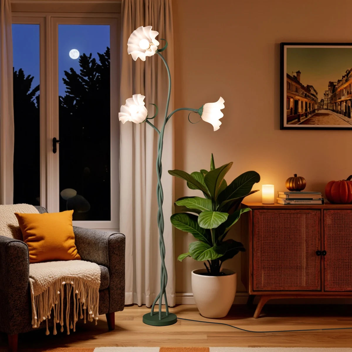 Retro 3-Head Flower Floor Lamp, Contains Bulb, 3-Color Dimmable,