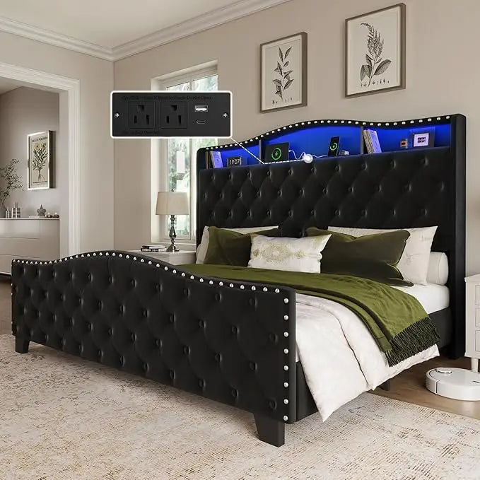 King Size Bed Frame and Headboard,with LED Lights & Storage
