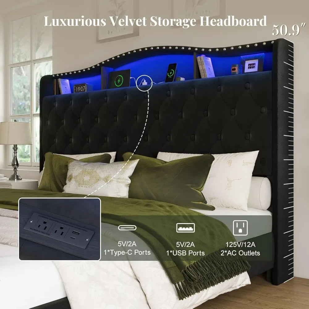 King Size Bed Frame and Headboard,with LED Lights & Storage