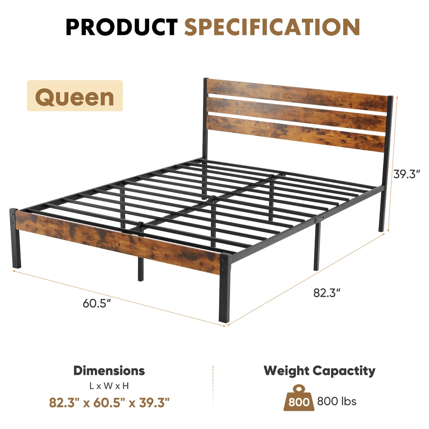 JHK Queen Size Metal Platform Bed Frame/ Headboard and Footboard